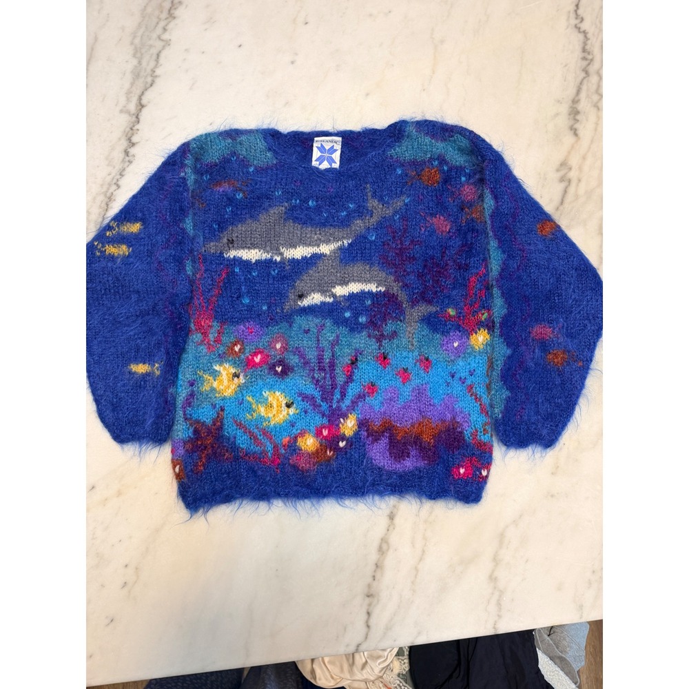 Vintage Icelandic Design Mohair Wool Dolphin Fish Ocean Sweater Blue S/M